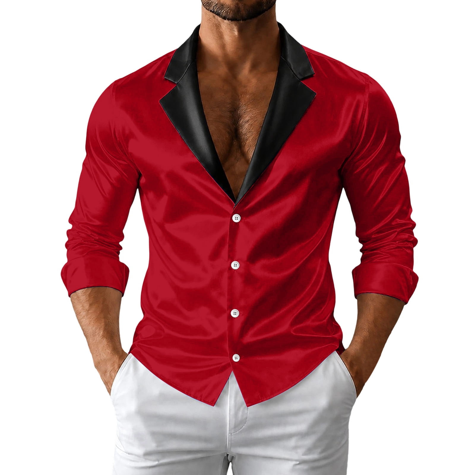 Men Satin Long Sleeve Button Down Shirt Contrast Lapel Collar V‑Neck ...