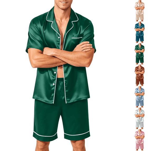 Men Satin Nightwear 2 Piece Set Short Sleeve Collared Shirt And Casual Pajama Shorts Dark Green 3XL