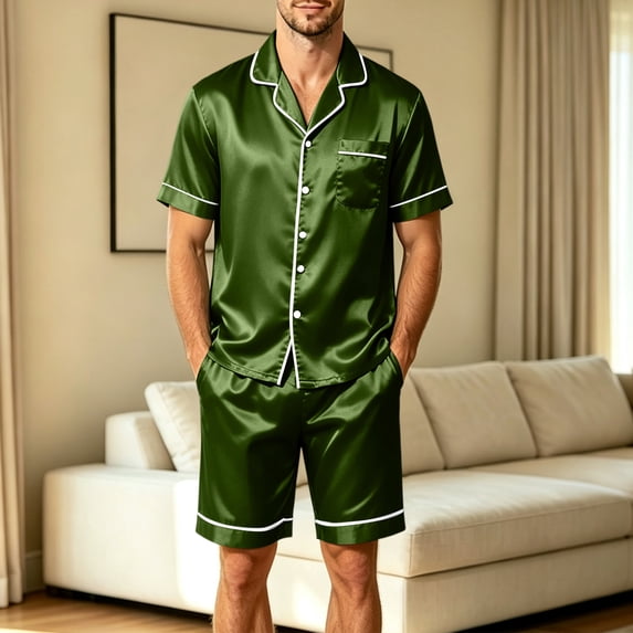 Men Satin Pajama Set Sleepwear for Man Summer Short Sleeve Button-Down Shirt & Shorts Pajamas 2 Piece Home Clothes Short Suit Green L