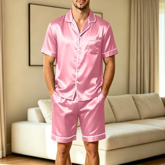 Men Satin Pajama Set Sleepwear for Man Summer Short Sleeve Button-Down Shirt & Shorts Pajamas 2 Piece Home Clothes Short Suit Pink 3XL
