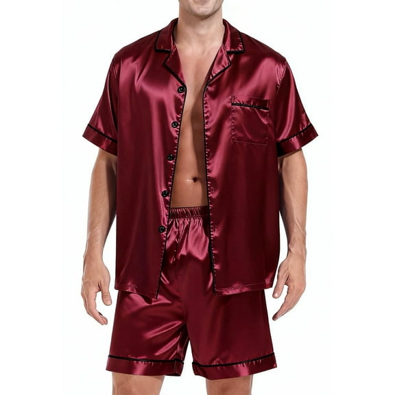 Men Satin Silk Pajamas Sets Short Sleeve Sleepwear Button-Down PJs Sets Two-Pieces Loungewear with Pockets