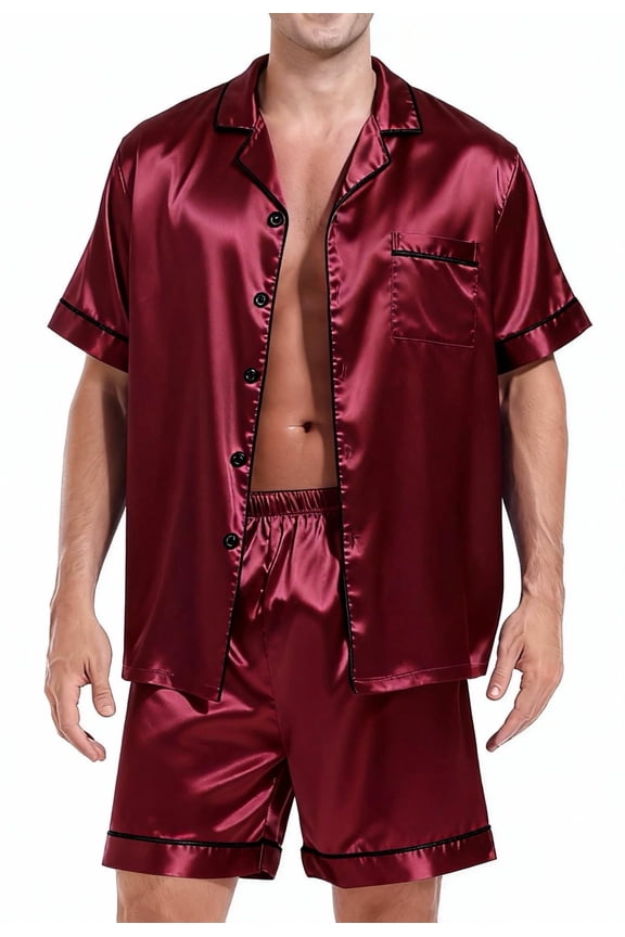 Men Satin Silk Pajamas Sets Short Sleeve Sleepwear Button-Down PJs Sets Two-Pieces Loungewear with Pockets