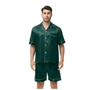 LHVUOA Men Satin Silk Pajamas Sets Short Sleeve Sleepwear Button-Down PJs Sets Two-Pieces Loungewear with Pockets