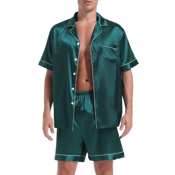Men Satin Silk Pajamas Sets Short Sleeve Sleepwear Button-Down PJs Sets Two-Pieces Loungewear