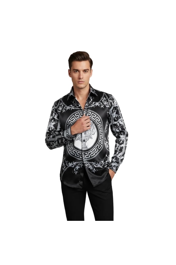 Men Satin Silky Shirt Oscar Banks Turkey Singer Stage Performer 6432 Black Lions