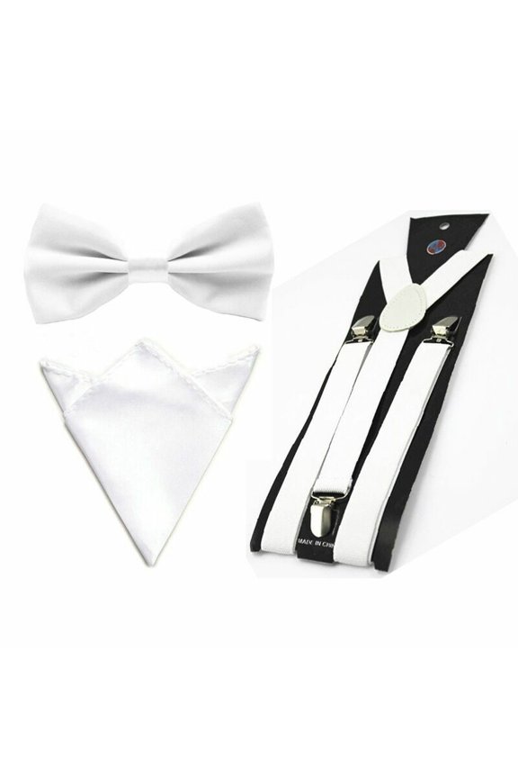 Men Satin Solid Color Bowtie Y-Shape Suspenders Handkerchief Pocket Square Set