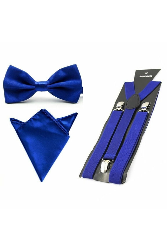 Men Satin Solid Color Bowtie Y-Shape Suspenders Handkerchief Pocket Square Set