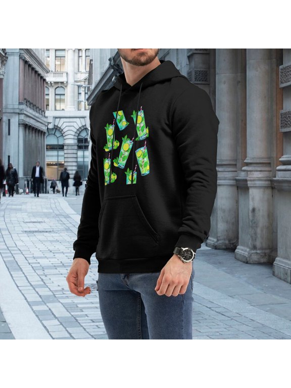 Men Scattered Lime Mint Mojito Glass Random Pattern Tropical Summer Drink Graphic Pullover Hoodie, Light Vacation All-over Chest Casual 230g Black Hoodie