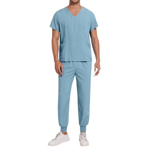 Men Scrub Set Stretch V-Neck Scrub Top & Jogger Pant with Pockets, Medical Workwear for Nurses, Pet Care Light Blue M
