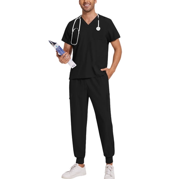 Men Scrubs Jogger Uniform Set V Neck Short Sleeve Scrub Top Drawstring Elastic Waist Jogger Pants Quick Dry Work Outfit Black L