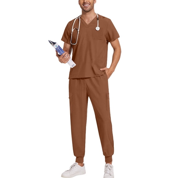 Men Scrubs Jogger Uniform Set V Neck Short Sleeve Scrub Top Drawstring Elastic Waist Jogger Pants Quick Dry Work Outfit Light Brown L