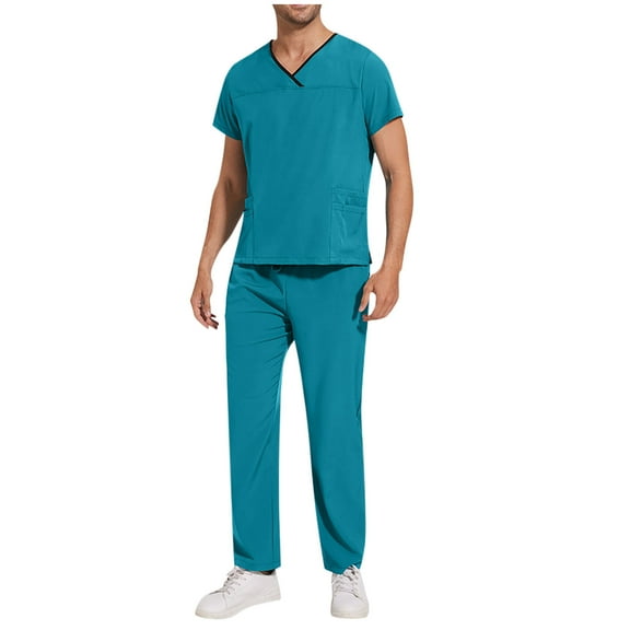 Men Scrubs Set Short Sleeve V-Neck Scrub Top & Jogger Pant with 6 Pockets, Yoga Elastic Waistband, TShirts Scrubs Set for Men