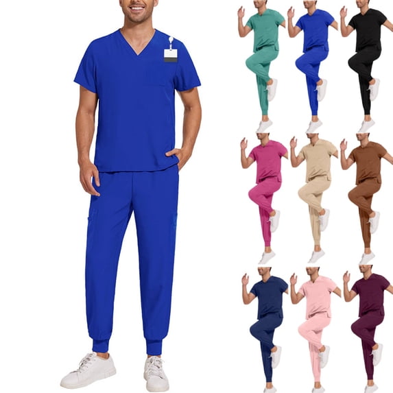 Men Scrubs Set Stretch Side Slit V-Neck Top & Jogger Pant with 5 Pockets Elastic Bottom Scrub Pants Skinny Leg Cuffed Stylish Comfortable Scrubs Joggings 29" 30" 31" Royal Blue S
