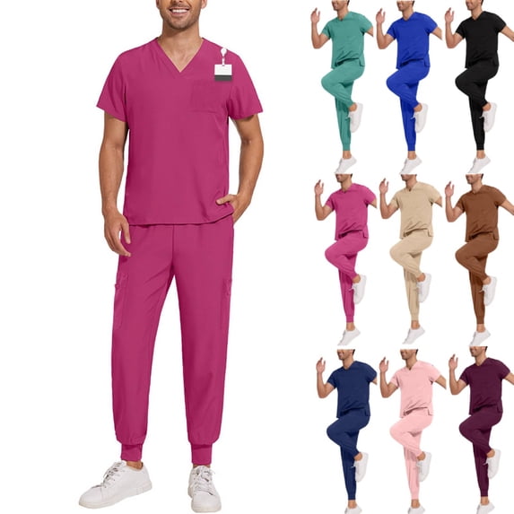 Men Scrubs Set Stretch Side Slit V-Neck Top & Jogger Pant with 5 Pockets Elastic Bottom Scrub Pants Skinny Leg Cuffed Stylish Comfortable Scrubs Joggings 29" 30" 31" Hot Pink M