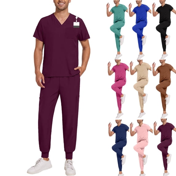 Men Scrubs Set Stretch Side Slit V-Neck Top & Jogger Pant with 5 Pockets Elastic Bottom Scrub Pants Skinny Leg Cuffed Stylish Comfortable Scrubs Joggings 29" 30" 31" Wine 2XL