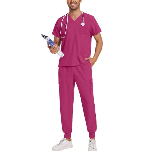 Men Scrubs Set - Stretch V-Neck Scrub Top & Jogger Pant with Pockets, Yoga Waistband, Anti-Wrinkle Scrubs for Men Pink XL