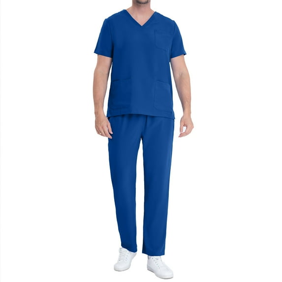 Men Scrubs Set - Stretch V-Neck Scrub Top and Straight Pants, Anti-Wrinkle, Yoga Waistband Workwear Scrubs Matching Sets