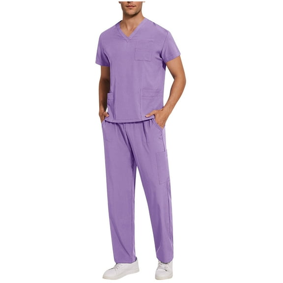 Men Scrubs Set Uniform Short Sleeve V-Neck Top Elastic Waist Straight Leg Pants Summer Scrubs Top and Pants Workwear with Pockets