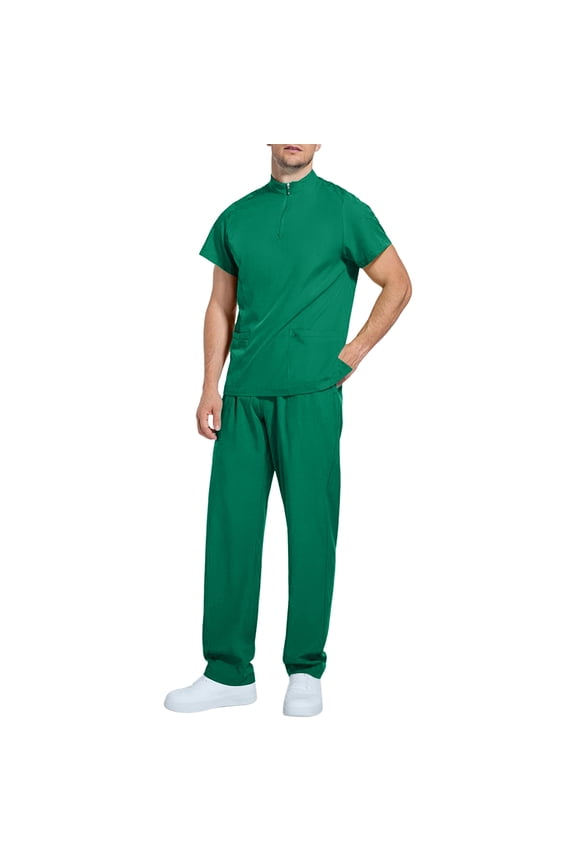 Men Scrubs Sets - Modern V Neck Tops & Straight Leg Pants Athletic Nursing Uniform Solid Stretch Workwear Army Green 2XL