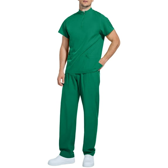 Men Scrubs Sets - Modern V Neck Tops & Straight Leg Pants Athletic Nursing Uniform Solid Stretch Workwear Army Green L