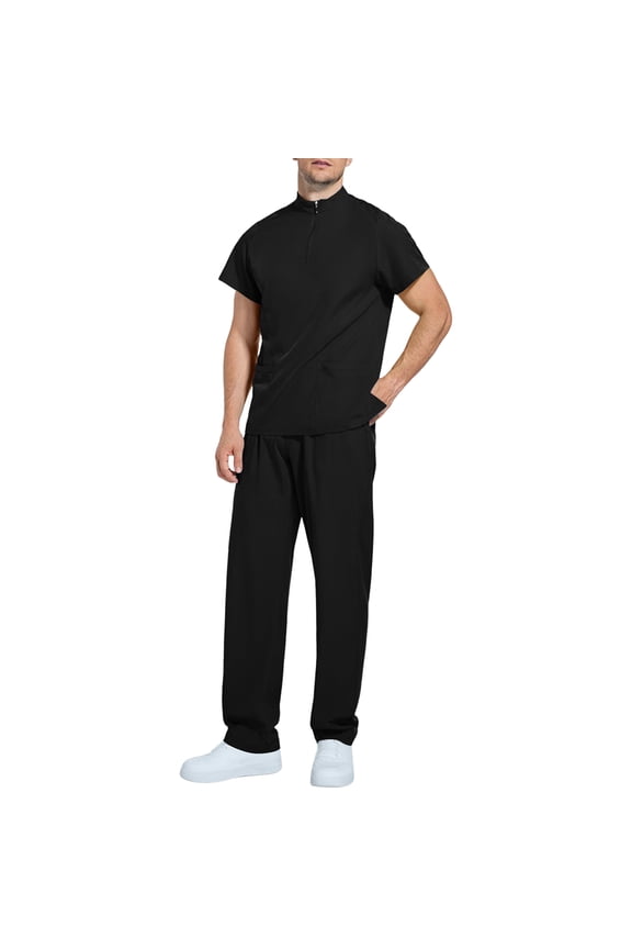 Men Scrubs Sets - Modern V Neck Tops & Straight Leg Pants Athletic Nursing Uniform Solid Stretch Workwear Black S