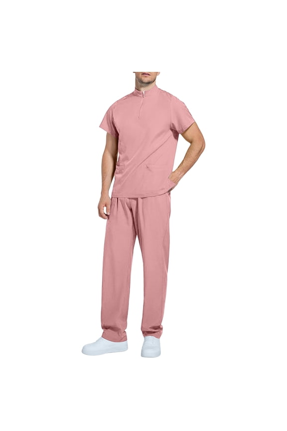 Men Scrubs Sets - Modern V Neck Tops & Straight Leg Pants Athletic Nursing Uniform Solid Stretch Workwear Pink M