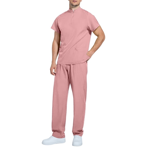 Men Scrubs Sets - Modern V Neck Tops & Straight Leg Pants Athletic Nursing Uniform Solid Stretch Workwear Pink XL