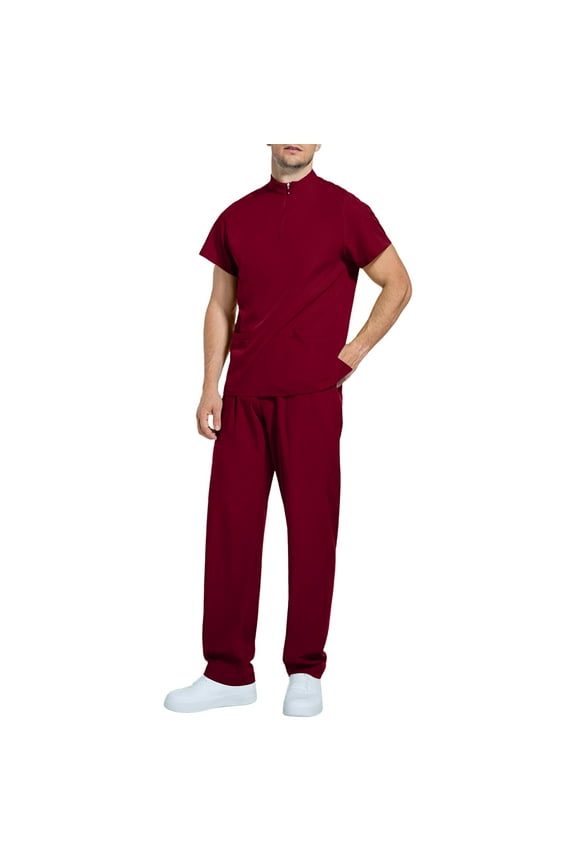 Men Scrubs Sets - Modern V Neck Tops & Straight Leg Pants Athletic Nursing Uniform Solid Stretch Workwear Wine 2XL