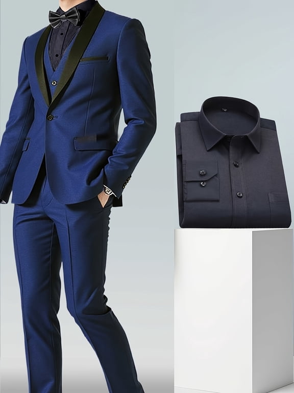 Men All Season Solid Color 4pcs Suit Set with Shawl Collar, Single Button, Flap Pockets, Navy Shirt, Jacket, Vest & Trousers for Year Round Formal Occasions