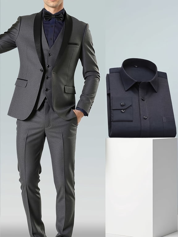 Men All Season Solid Color 4pcs Suit Set with Shawl Collar, Single Button, Flap Pockets, Navy Shirt, Jacket, Vest & Trousers for Year Round Formal Occasions