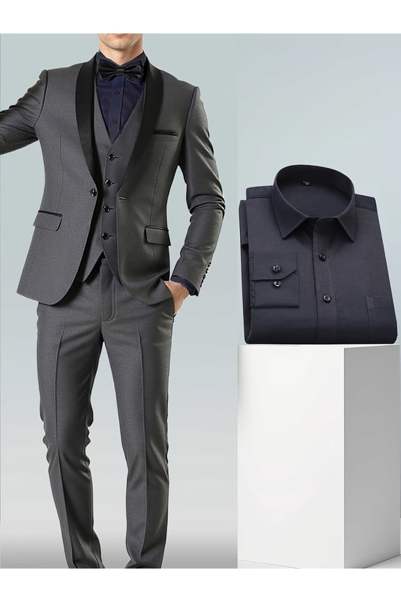 Men All Season Solid Color 4pcs Suit Set with Shawl Collar, Single Button, Flap Pockets, Navy Shirt, Jacket, Vest & Trousers for Year Round Formal Occasions