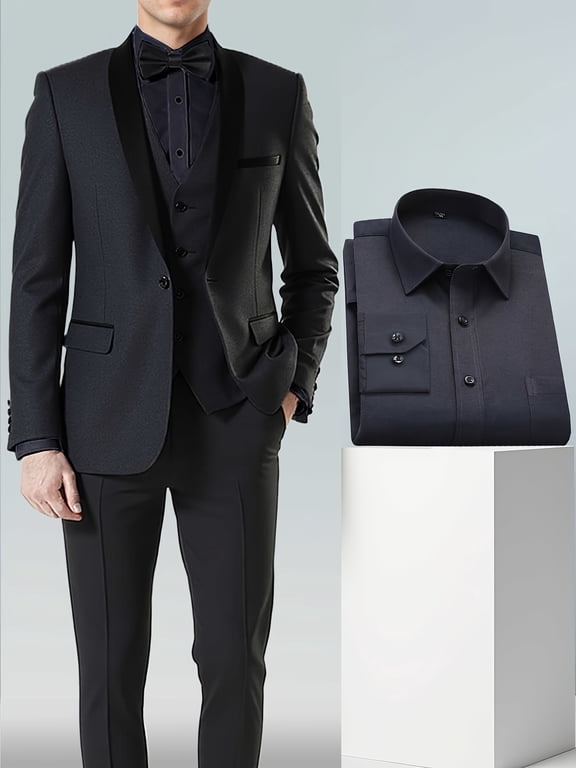 Men All Season Solid Color 4pcs Suit Set with Shawl Collar, Single Button, Flap Pockets, Navy Shirt, Jacket, Vest & Trousers for Year Round Formal Occasions