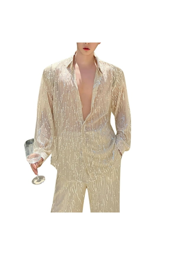 Men Sequin Bead Shirt Nightclub Party Fashion Top Heavy Craft Fringe Stylish Casual Wear Long Sleeve Comfortable Fit Men's Oversized Tee Summer Tops Streetwear