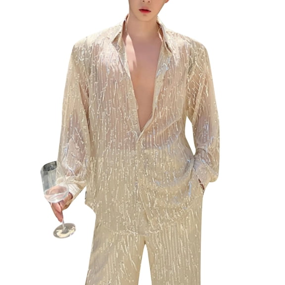Men Sequin Bead Shirt Nightclub Party Fashion Top Heavy Craft Fringe Stylish Casual Wear Long Sleeve Comfortable Fit Men's Oversized Tee Summer Tops Streetwear