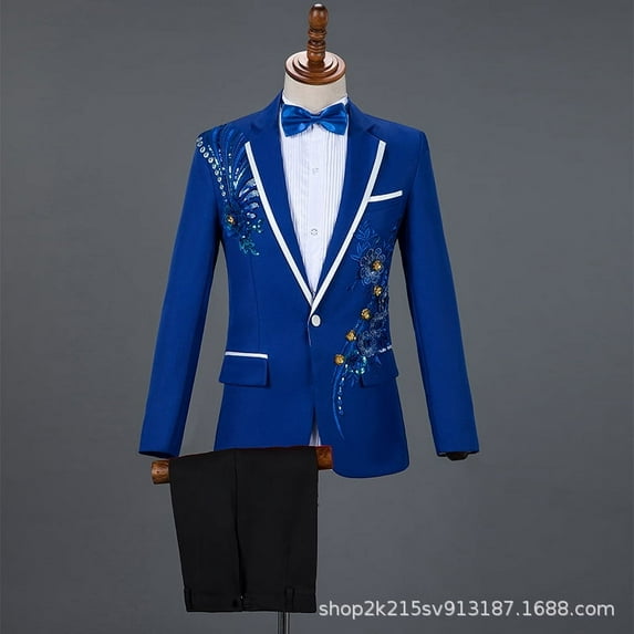Men Sequin Embroidery Suit Men Wedding Groom Tuxedo Suits Pants Mens One Button Peak Lapel Stage Costume