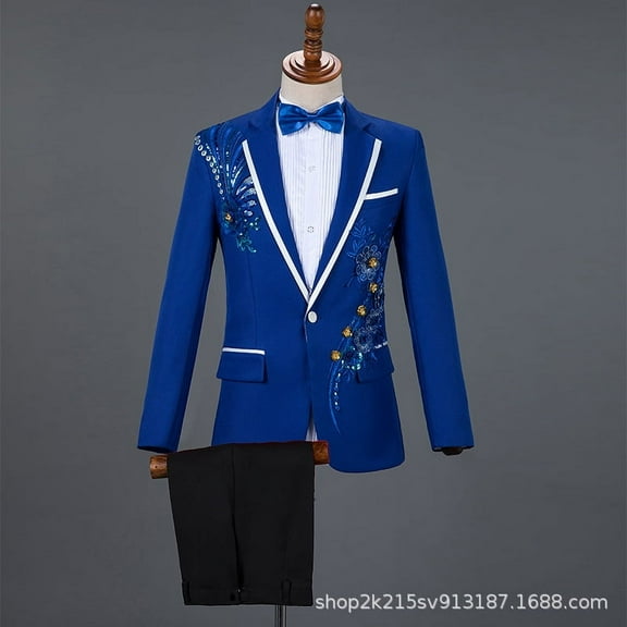 Men Sequin Embroidery Suit Men Wedding Groom Tuxedo Suits Pants Mens One Button Peak Lapel Stage Costume