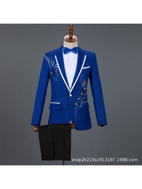 Men Sequin Embroidery Suit Men Wedding Groom Tuxedo Suits Pants Mens One Button Peak Lapel Stage Costume