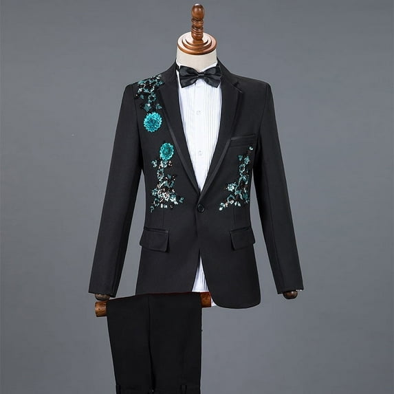 Men Sequin Embroidery Suit Men Wedding Groom Tuxedo Suits Pants Mens One Button Peak Lapel Stage Costume