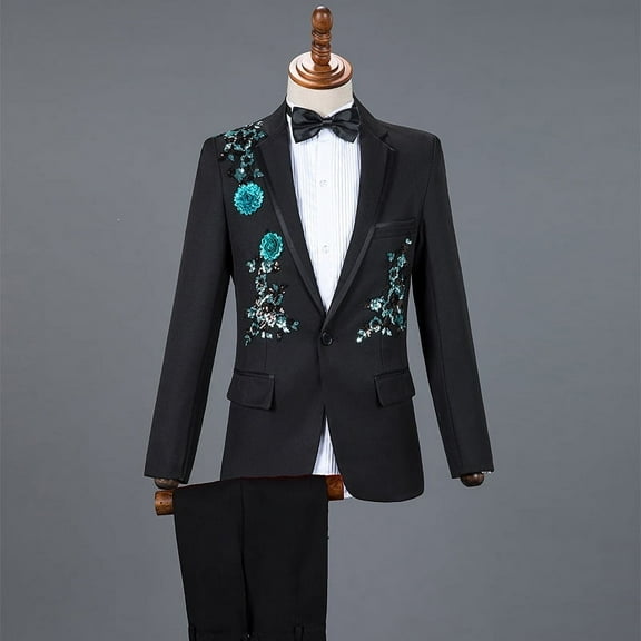 Men Sequin Embroidery Suit Men Wedding Groom Tuxedo Suits Pants Mens One Button Peak Lapel Stage Costume