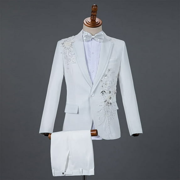 Men Sequin Embroidery Suit Men Wedding Groom Tuxedo Suits Pants Mens One Button Peak Lapel Stage Costume