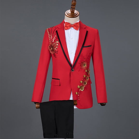 Men Sequin Embroidery Suit Men Wedding Groom Tuxedo Suits Pants Mens One Button Peak Lapel Stage Costume