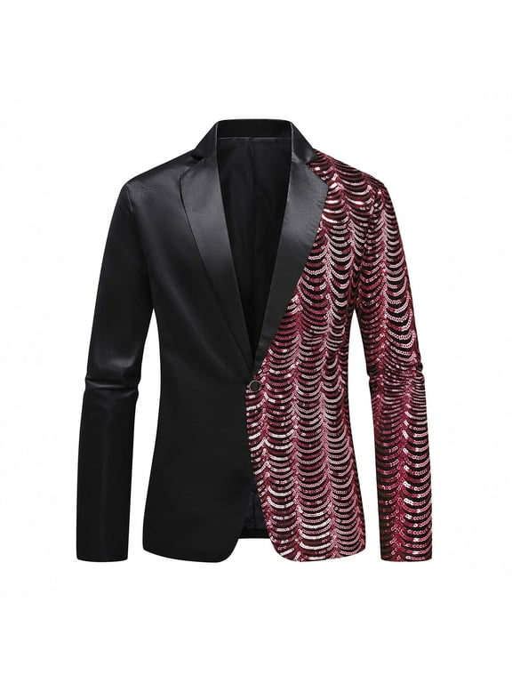 Men Sequin Shiny Prom Suit Jacket Sparkly Patchwork Shawl Collar One Button Slim Fit Sport Coats and Blazers Tuxedo for Wedding Banquet Party Stage Dinner Red