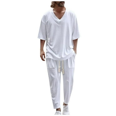 Men Sets Outfits 2 Piece Graphic Solid Short Sleeve Athletic Jogging Outfits Loose Fit Sportwear Walking Sets Comfy White,XXL