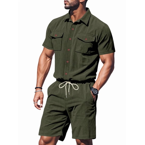 Men Sets Outfits 2 Piece Short Sleeve Shirts Short Set Green M