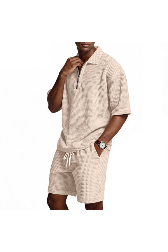 Men Sets Outfits 2 Piece Shorts And Shirts Summer Fitted Track Suits Cute Waffle Beach Outfit Trending Soft Resort Wear Khaki 2XL