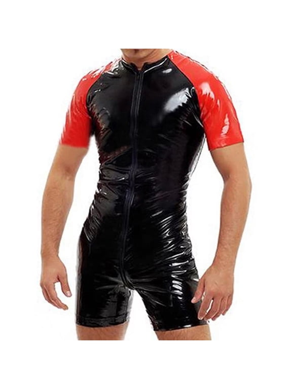 Men Sexy Leather Bodysuit, Zipper Open Crotch For Sex, Glossy PVC Leather, Plus Size S-7XL, Shiny Latex Leotard Crotchless