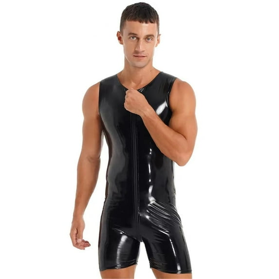 Men Sexy Leather Bodysuit, Zipper Open Crotch, Glossy PVC Leather, Shiny Latex Leotard Crotchless