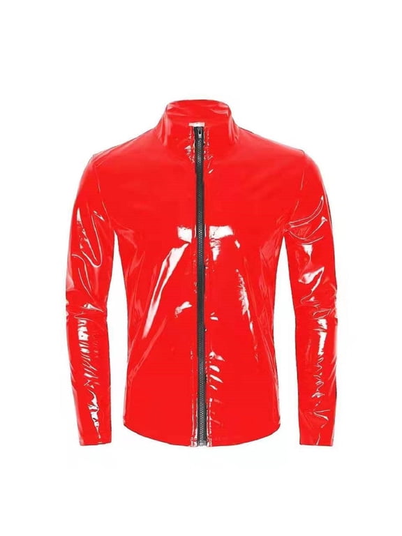 Men Sexy Leather Shirt, Plus Size S-7XL, Glossy PVC Leather, Full Zipper, Shiny Latex Long Sleeve Coat for Male