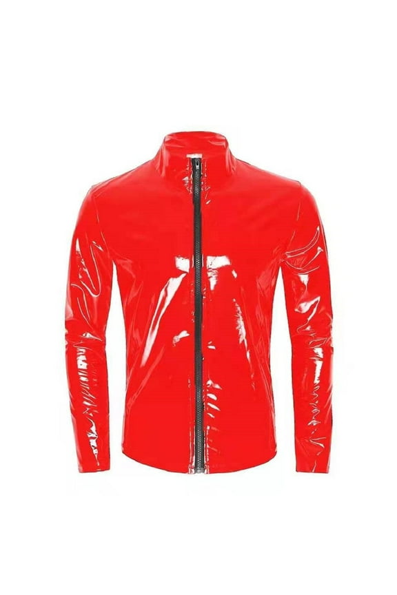 Men Sexy Leather Shirt, Plus Size S-7XL, Glossy PVC Leather, Full Zipper, Shiny Latex Long Sleeve Coat for Male