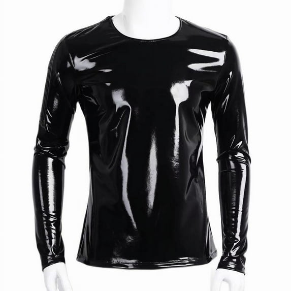 Men Sexy Leather T-Shirt, Plus Size S-7XL, Glossy PVC Leather, Shiny Latex Long Sleeve Coat for Male